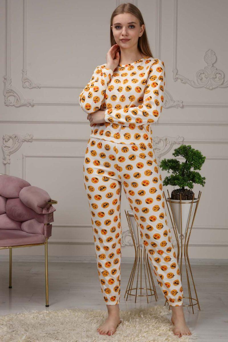 Pijama Takımı Kadın Emoji Baskılı Pamuklu Pijama Takımı Sarı