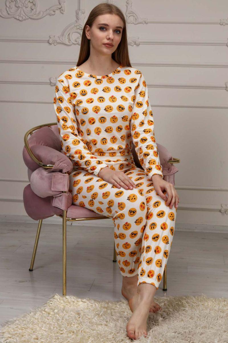 Pijama Takımı Kadın Emoji Baskılı Pamuklu Pijama Takımı Sarı