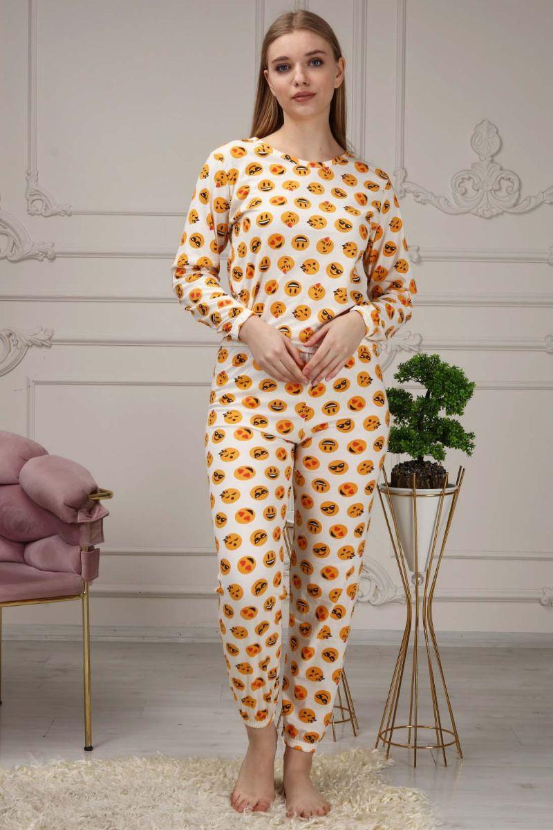 Pijama Takımı Kadın Emoji Baskılı Pamuklu Pijama Takımı Sarı