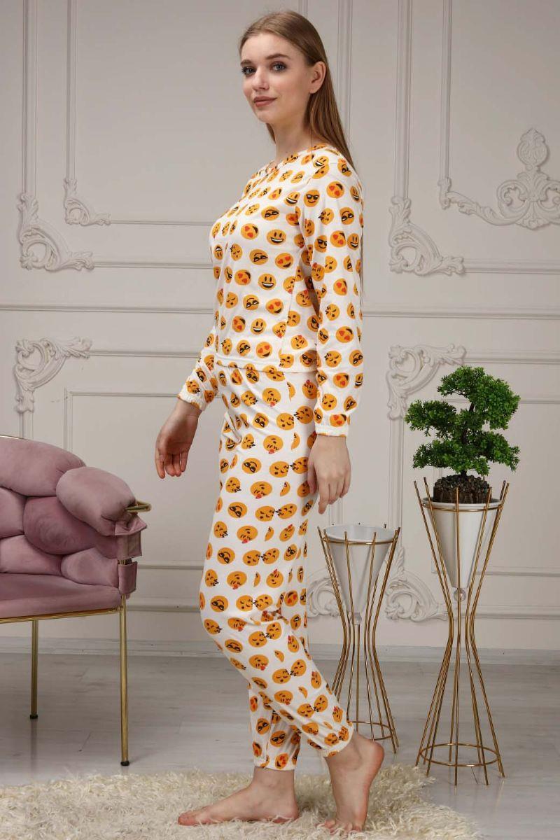 Pijama Takımı Kadın Emoji Baskılı Pamuklu Pijama Takımı Sarı