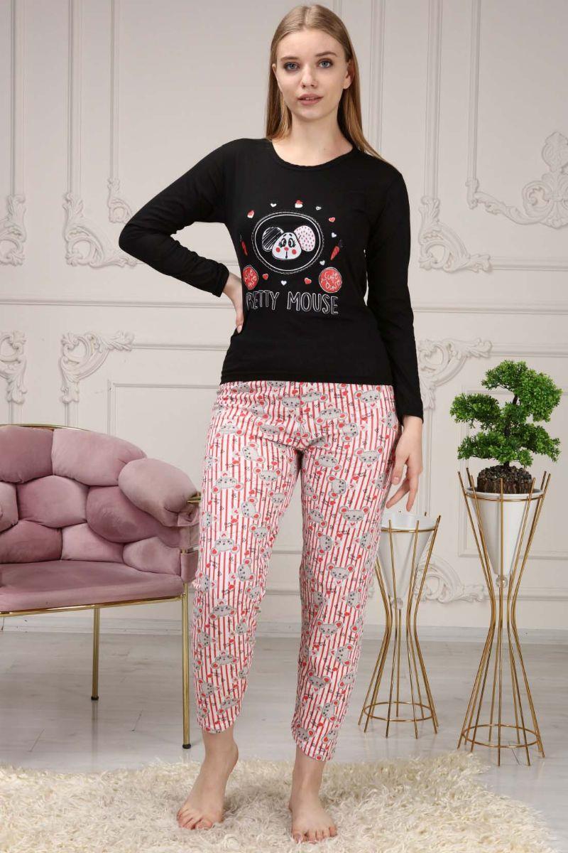 Pijama Takımı Kadın Fare Baskılı Pamuklu Pijama Takımı Siyah