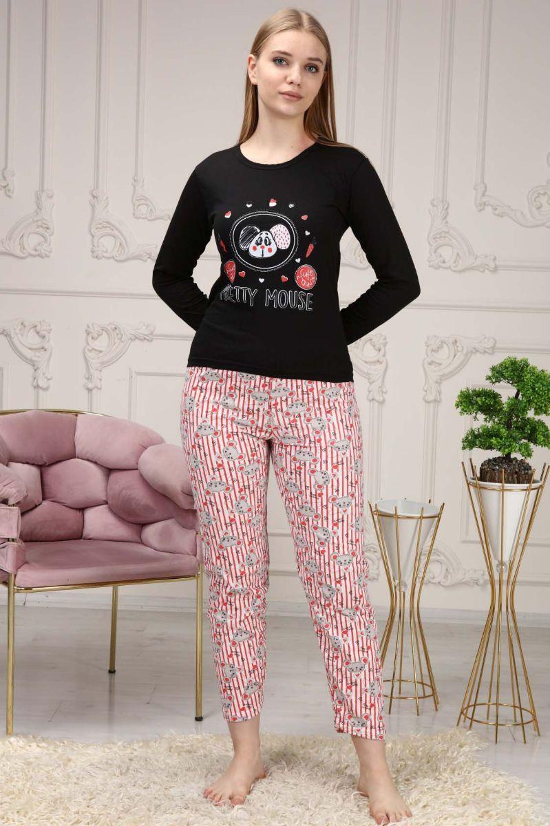 Pijama Takımı Kadın Fare Baskılı Pamuklu Pijama Takımı Siyah