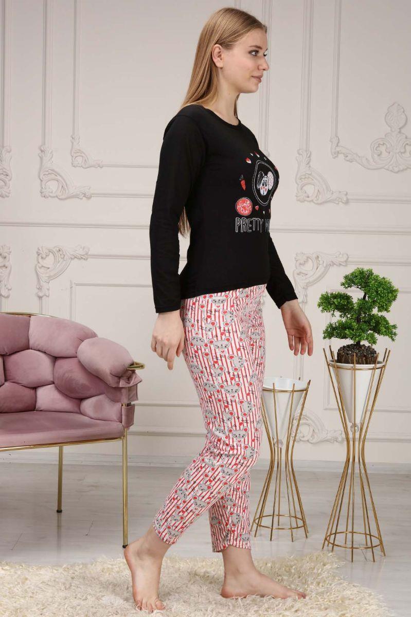 Pijama Takımı Kadın Fare Baskılı Pamuklu Pijama Takımı Siyah
