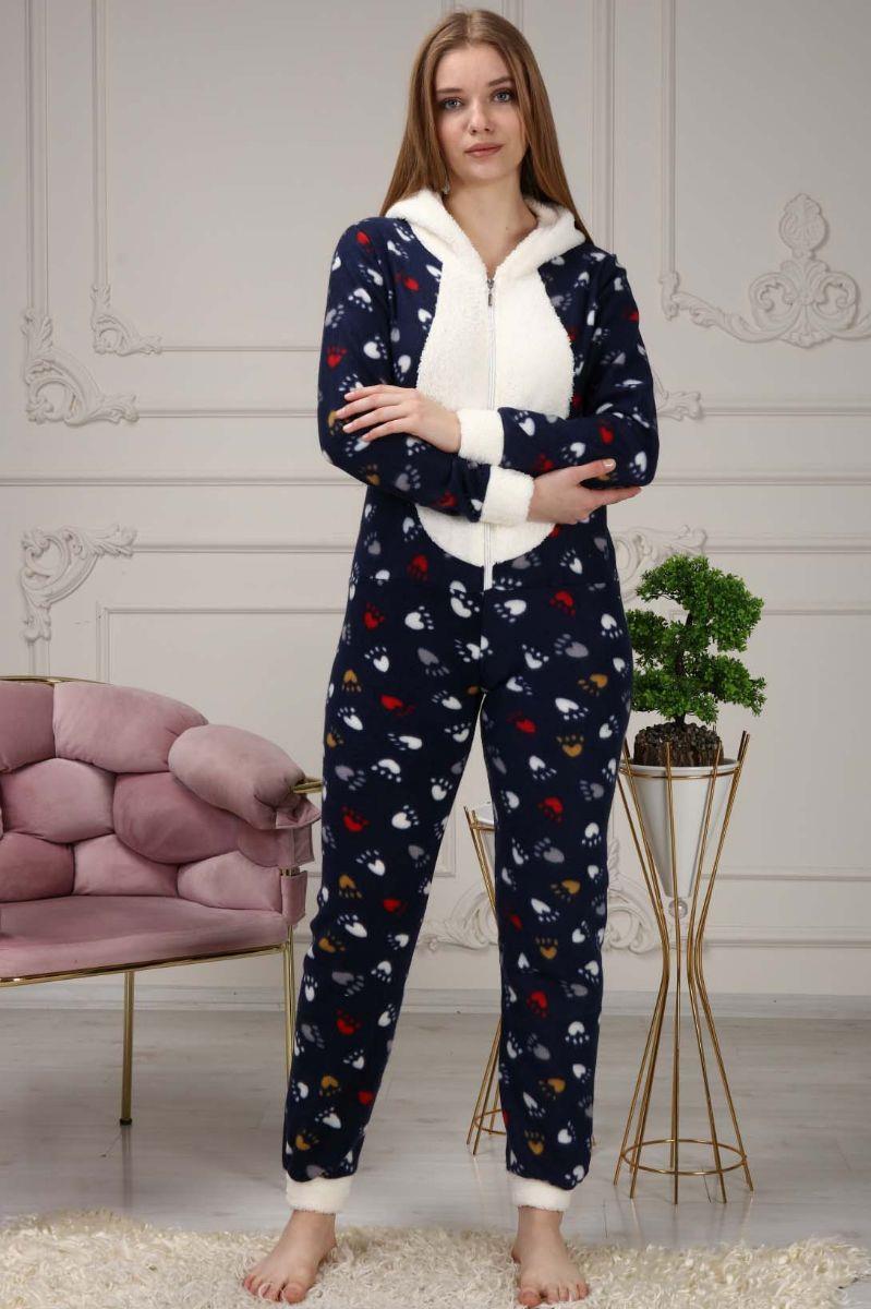 Pijama Takımı Kadın Femuarlı Kapüşonlu Polar Tulum Pijama Takımı Lacivert