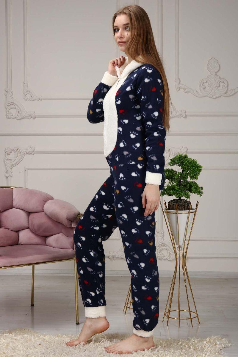 Pijama Takımı Kadın Femuarlı Kapüşonlu Polar Tulum Pijama Takımı Lacivert