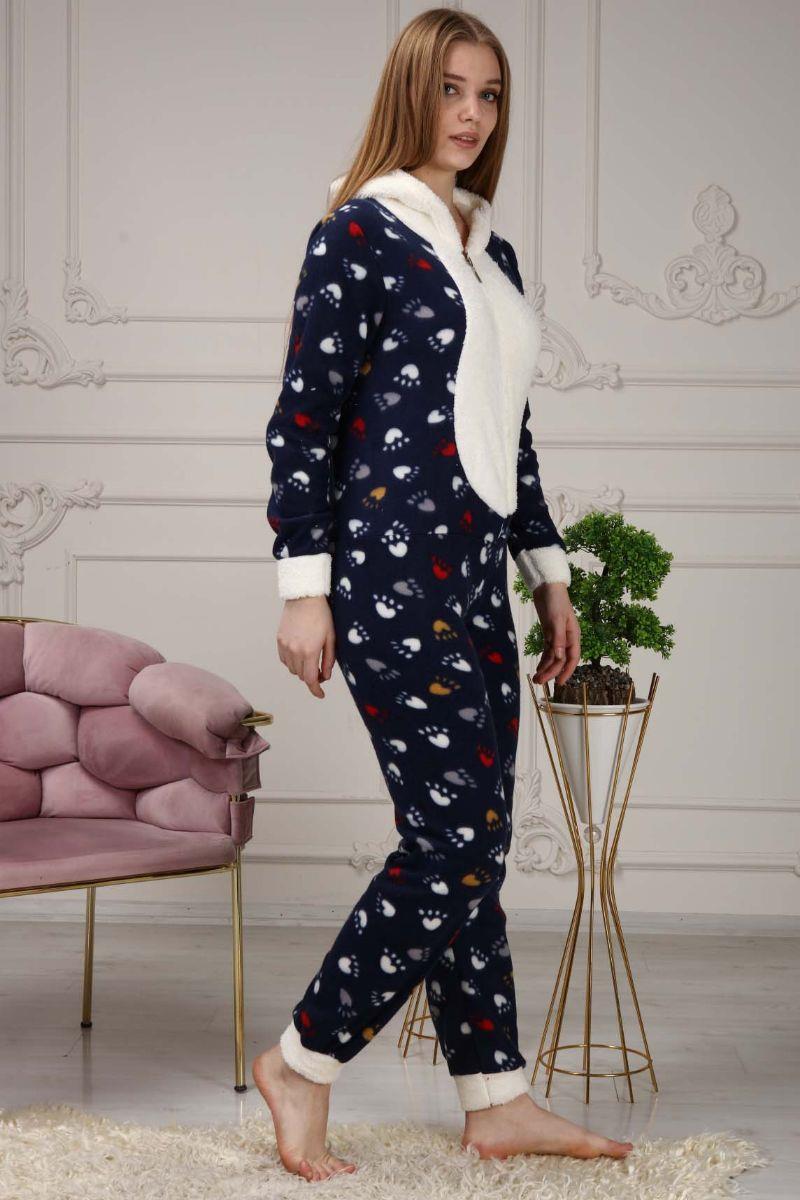 Pijama Takımı Kadın Femuarlı Kapüşonlu Polar Tulum Pijama Takımı Lacivert