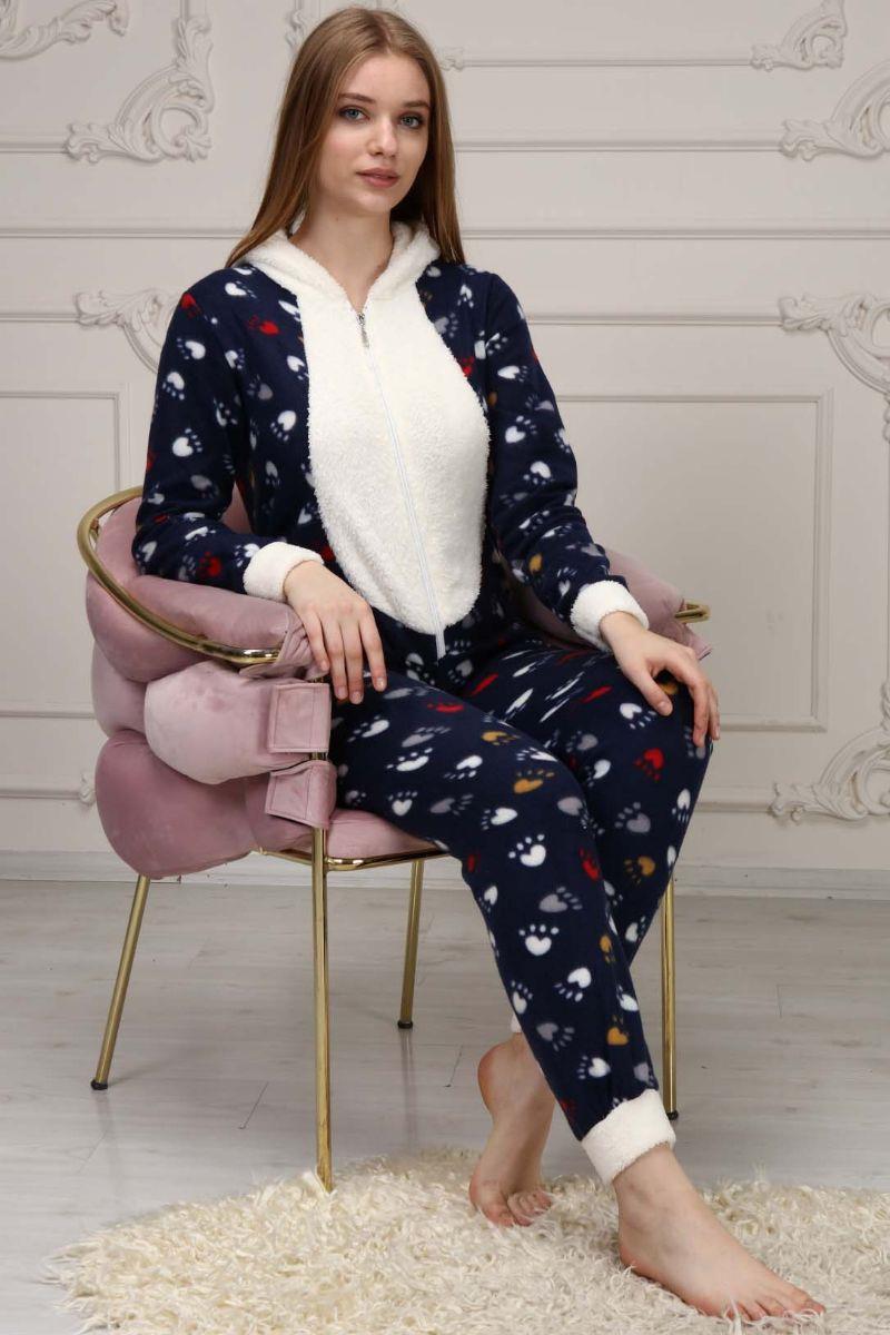 Pijama Takımı Kadın Femuarlı Kapüşonlu Polar Tulum Pijama Takımı Lacivert