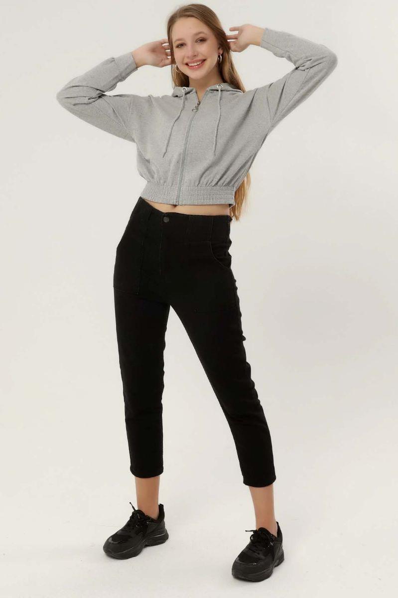 Sweatshirt Kadın Fermuarlı Beli Lastikli Kapüşonlu Sweat Gri