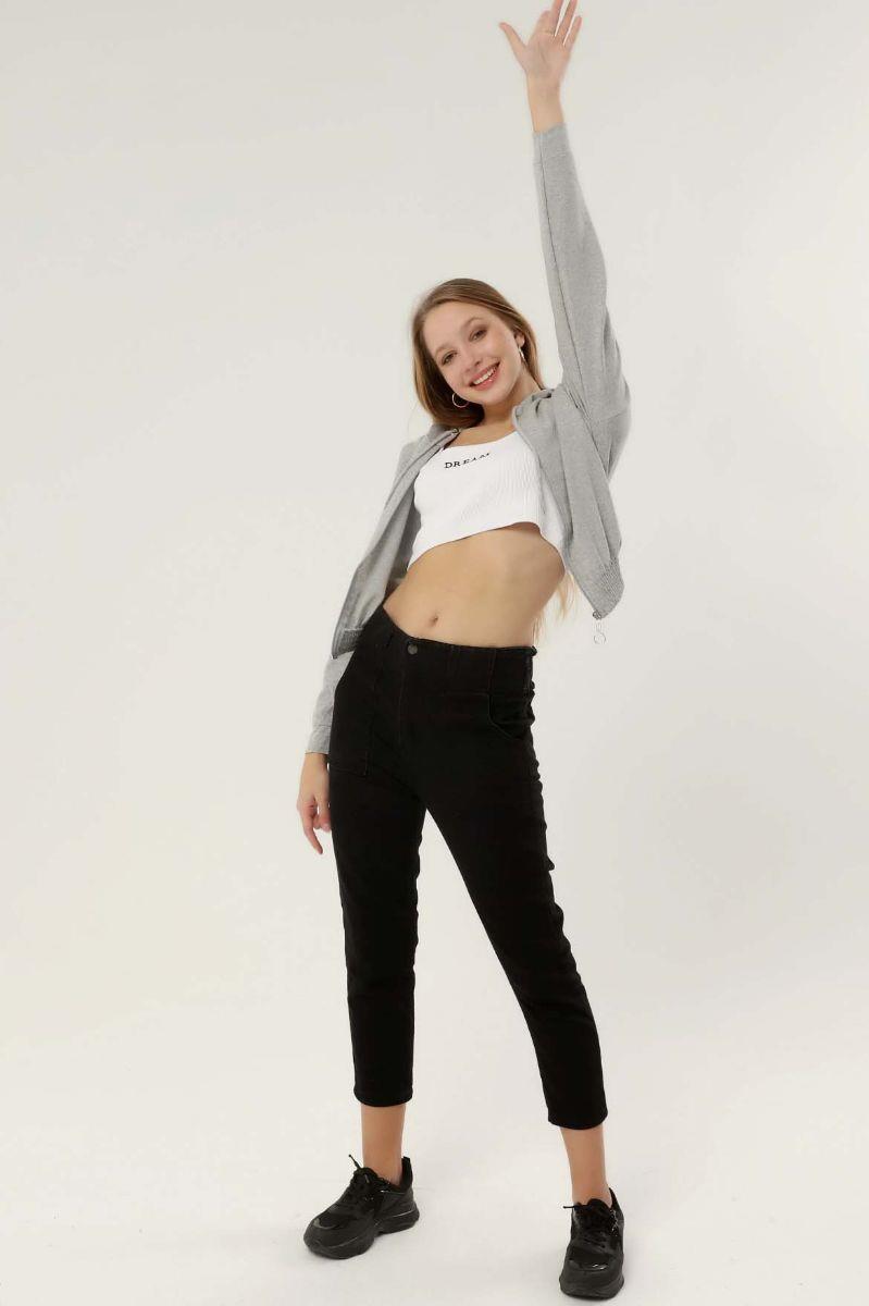 Sweatshirt Kadın Fermuarlı Beli Lastikli Kapüşonlu Sweat Gri
