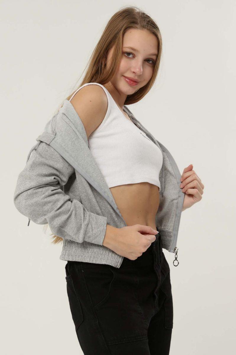 Sweatshirt Kadın Fermuarlı Beli Lastikli Kapüşonlu Sweat Gri