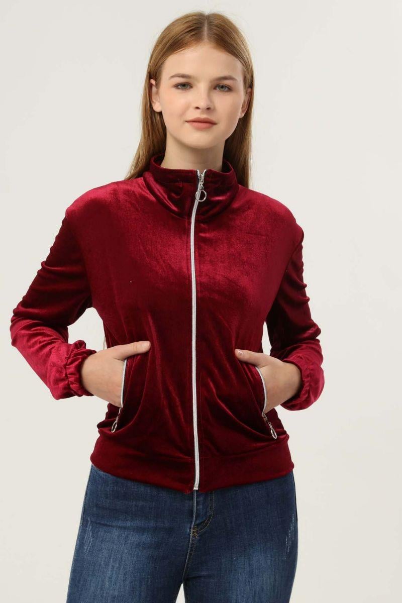 Sweatshirt Kadın Fermuarlı Cepli Kadife Sweat Bordo