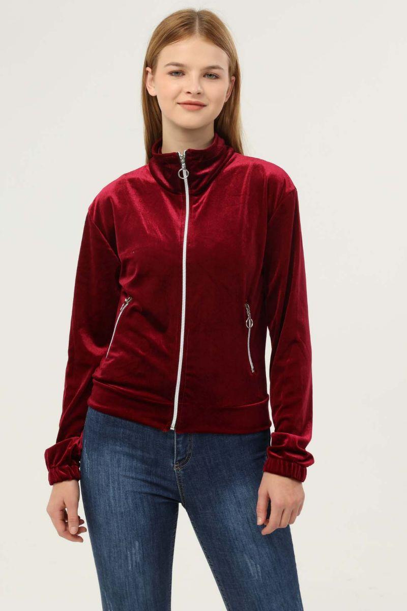 Sweatshirt Kadın Fermuarlı Cepli Kadife Sweat Bordo