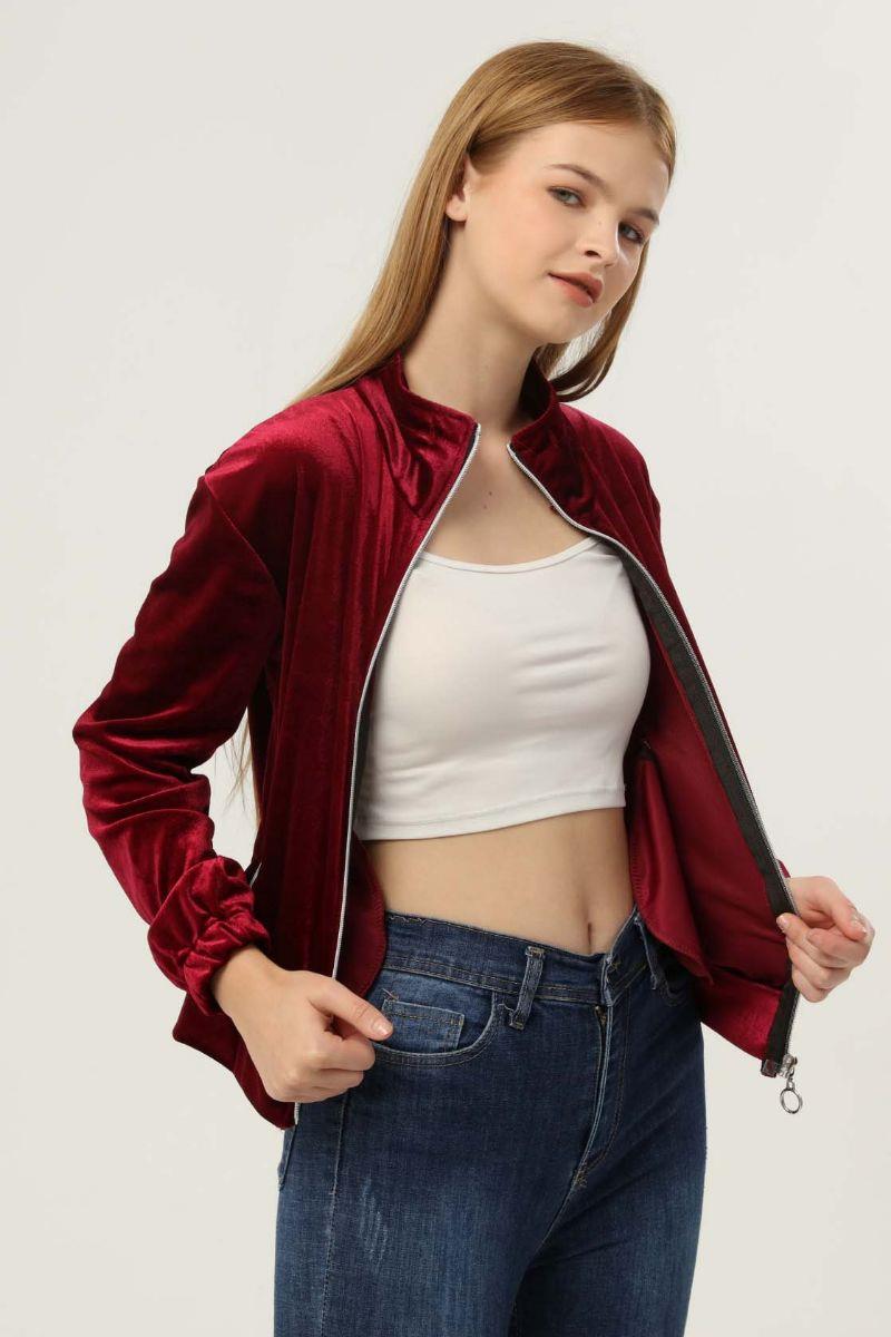 Sweatshirt Kadın Fermuarlı Cepli Kadife Sweat Bordo