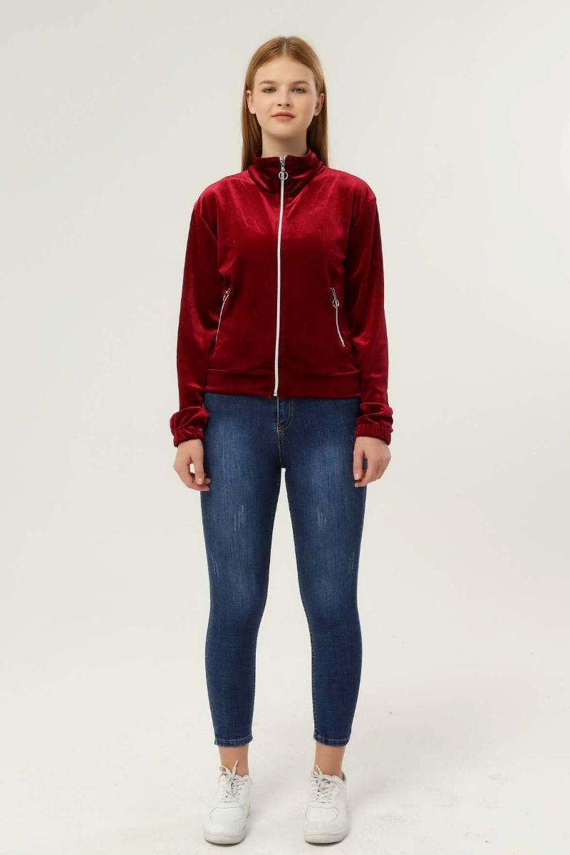 Sweatshirt Kadın Fermuarlı Cepli Kadife Sweat Bordo