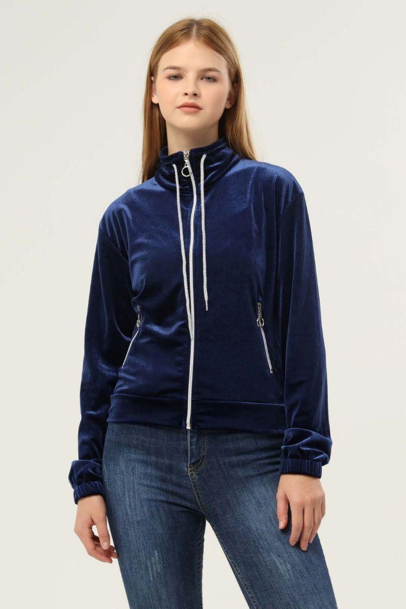 Sweatshirt Kadın Fermuarlı Cepli Kadife Sweat Lacivert