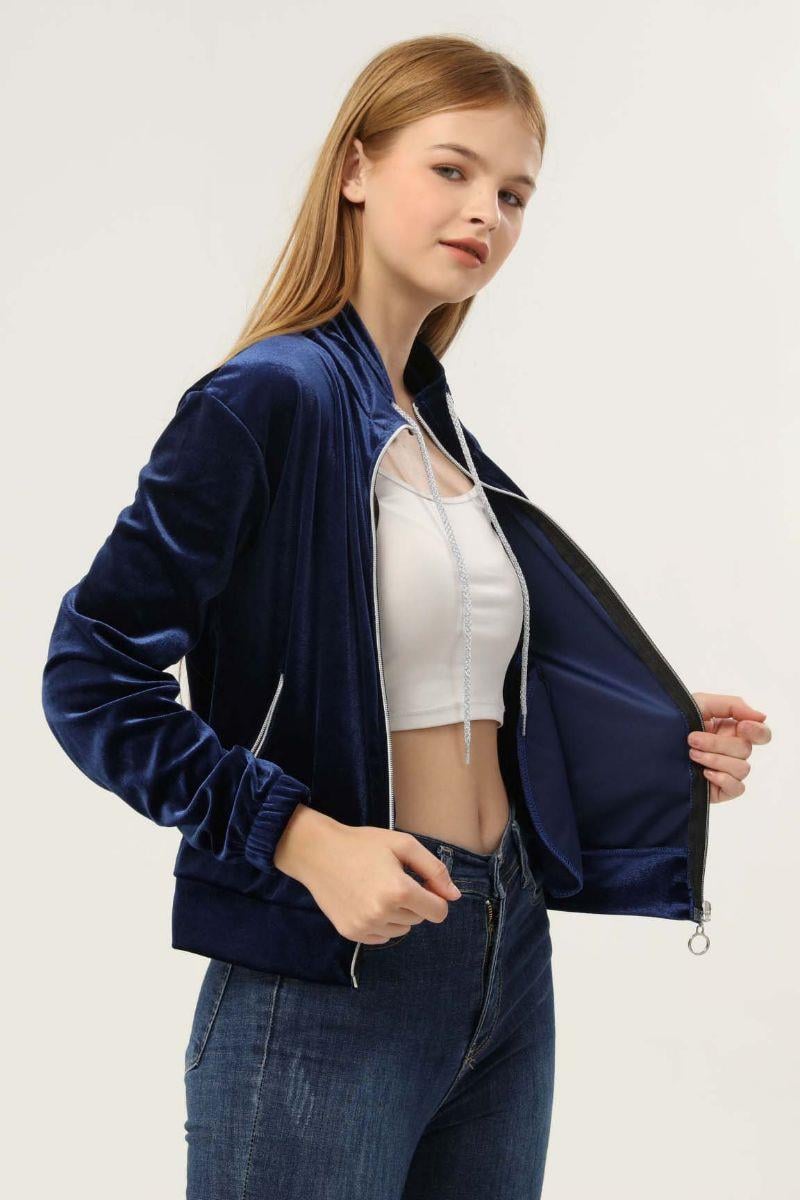 Sweatshirt Kadın Fermuarlı Cepli Kadife Sweat Lacivert