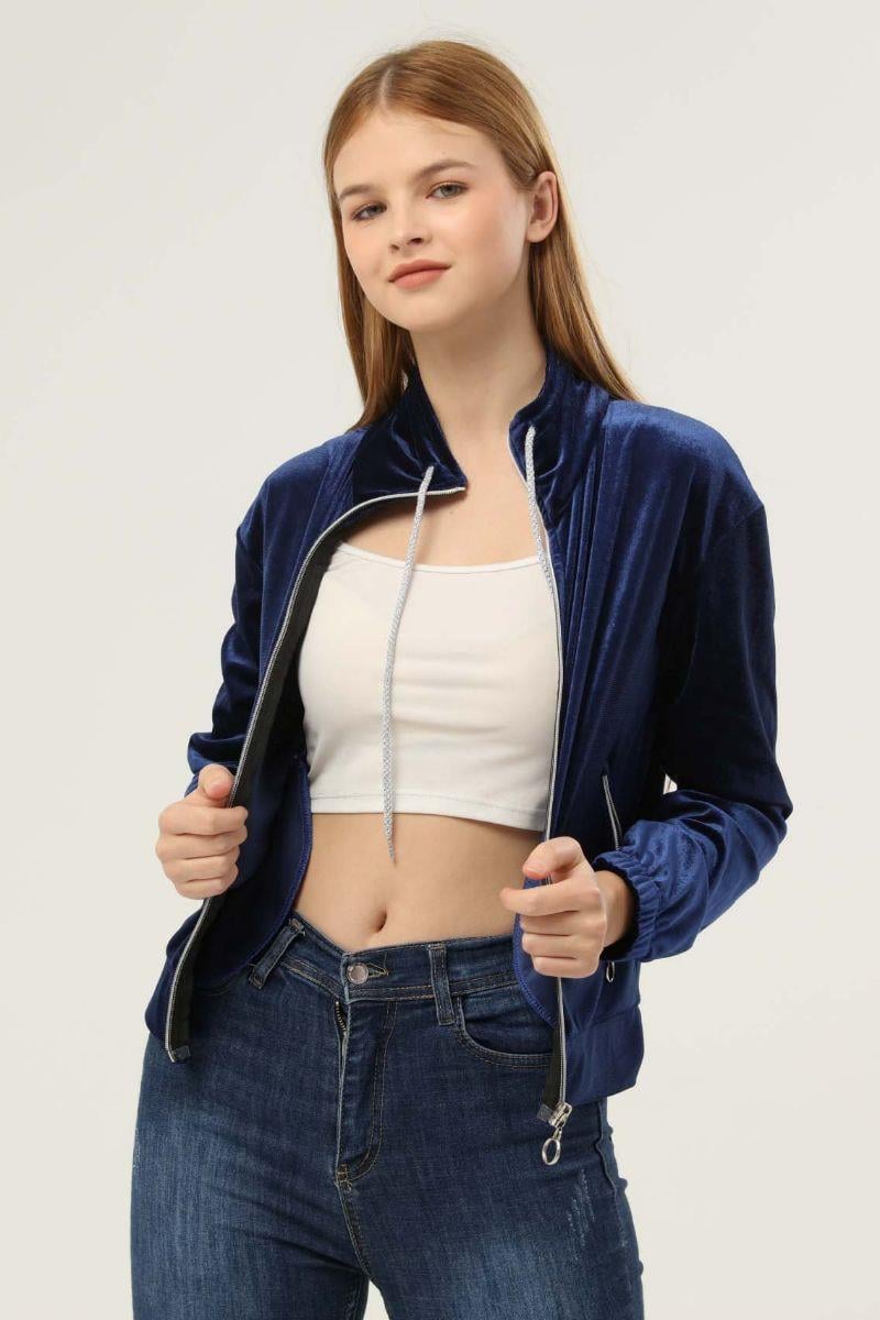 Sweatshirt Kadın Fermuarlı Cepli Kadife Sweat Lacivert