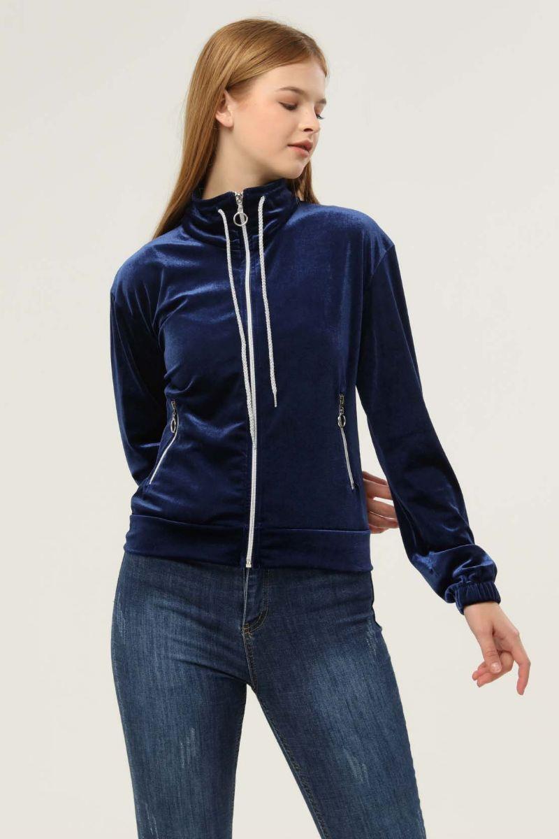 Sweatshirt Kadın Fermuarlı Cepli Kadife Sweat Lacivert