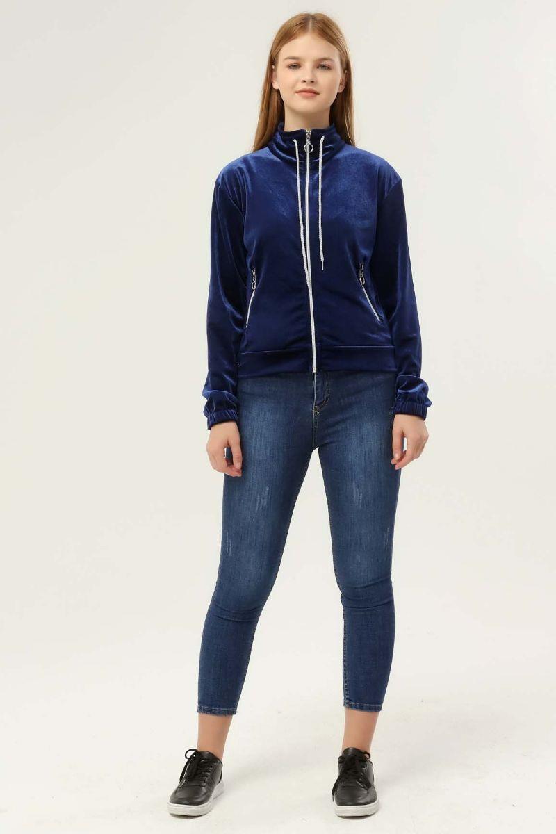 Sweatshirt Kadın Fermuarlı Cepli Kadife Sweat Lacivert