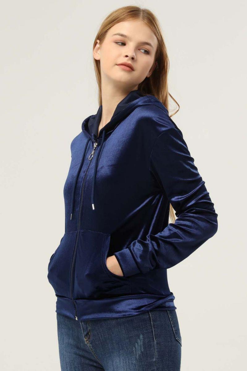 Sweatshirt Kadın Fermuarlı Kanguru Cepli Kapüşonlu Kadife Sweat Lacivert
