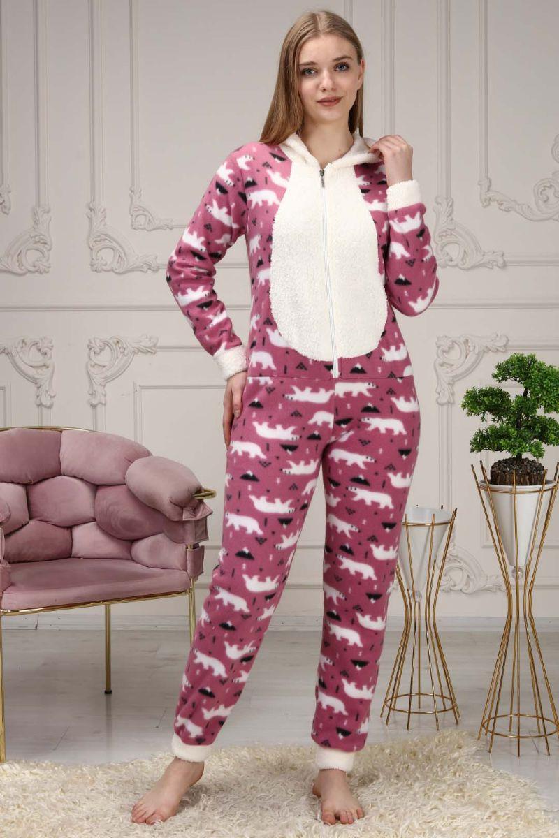 Pijama Takımı Kadın Fermuarlı Kapüşonlu Polar Tulum Pijama Takımı Gül Kurusu