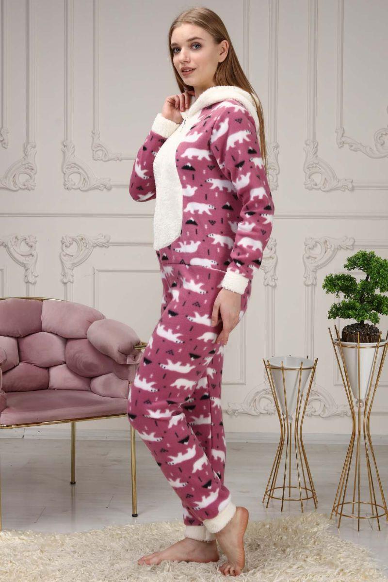Pijama Takımı Kadın Fermuarlı Kapüşonlu Polar Tulum Pijama Takımı Gül Kurusu
