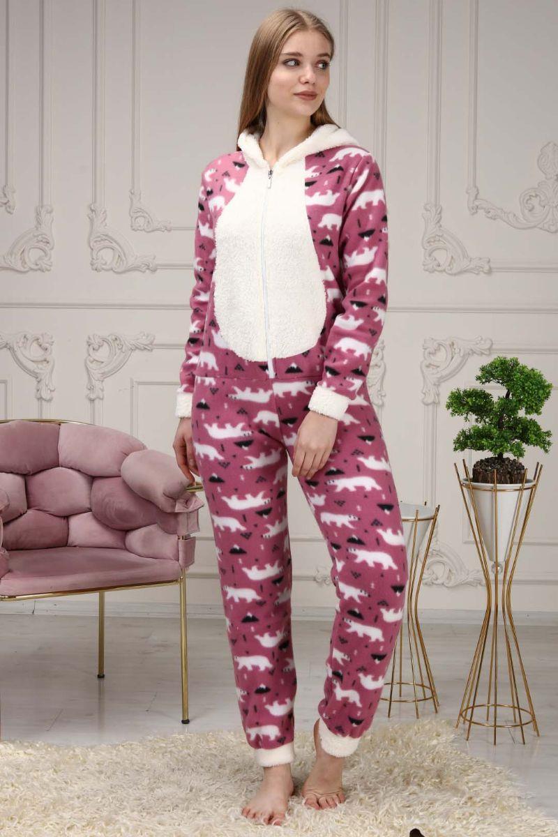 Pijama Takımı Kadın Fermuarlı Kapüşonlu Polar Tulum Pijama Takımı Gül Kurusu
