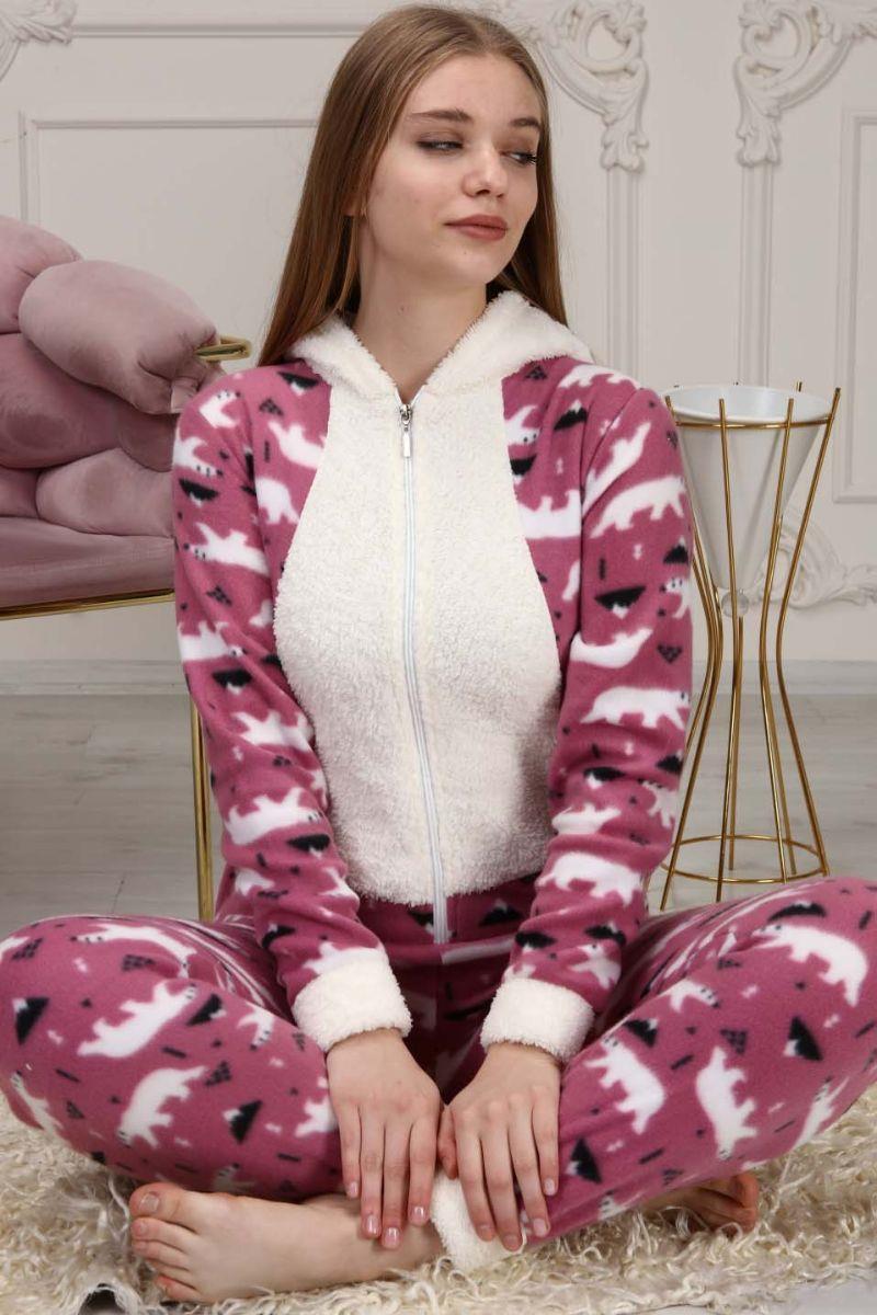 Pijama Takımı Kadın Fermuarlı Kapüşonlu Polar Tulum Pijama Takımı Gül Kurusu
