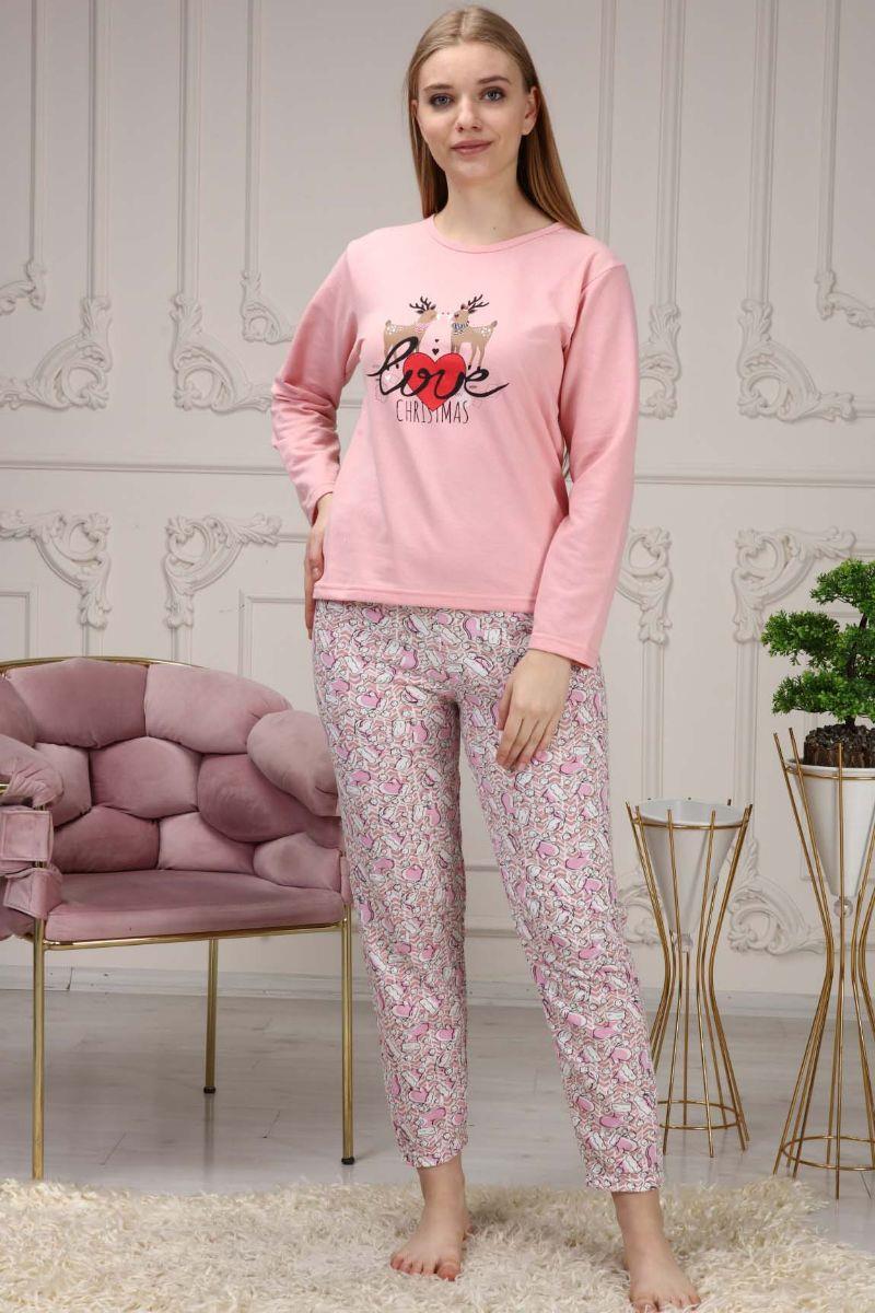Pijama Takımı Kadın Geyik Baskılı Yılbaşı Konsepti Şardonlu Pijama Takımı Pembe