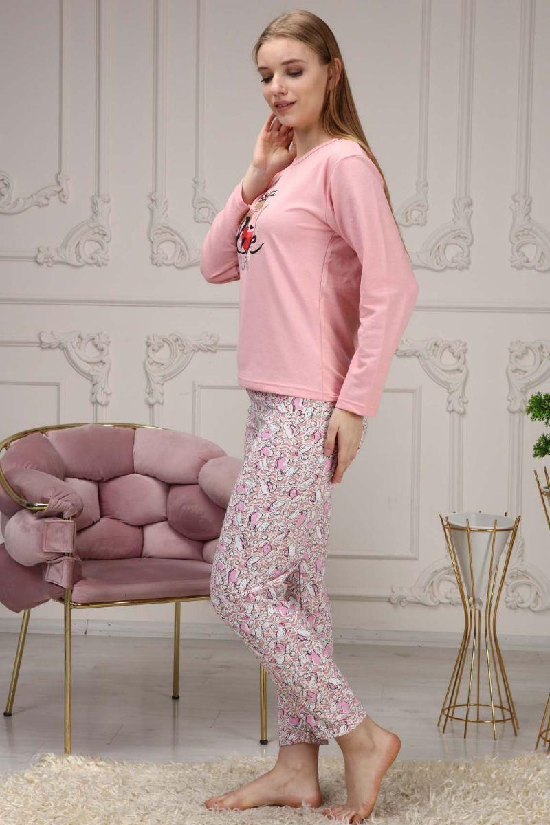 Pijama Takımı Kadın Geyik Baskılı Yılbaşı Konsepti Şardonlu Pijama Takımı Pembe