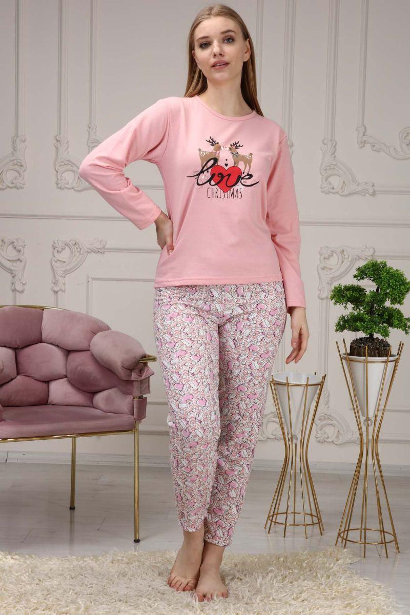 Pijama Takımı Kadın Geyik Baskılı Yılbaşı Konsepti Şardonlu Pijama Takımı Pembe