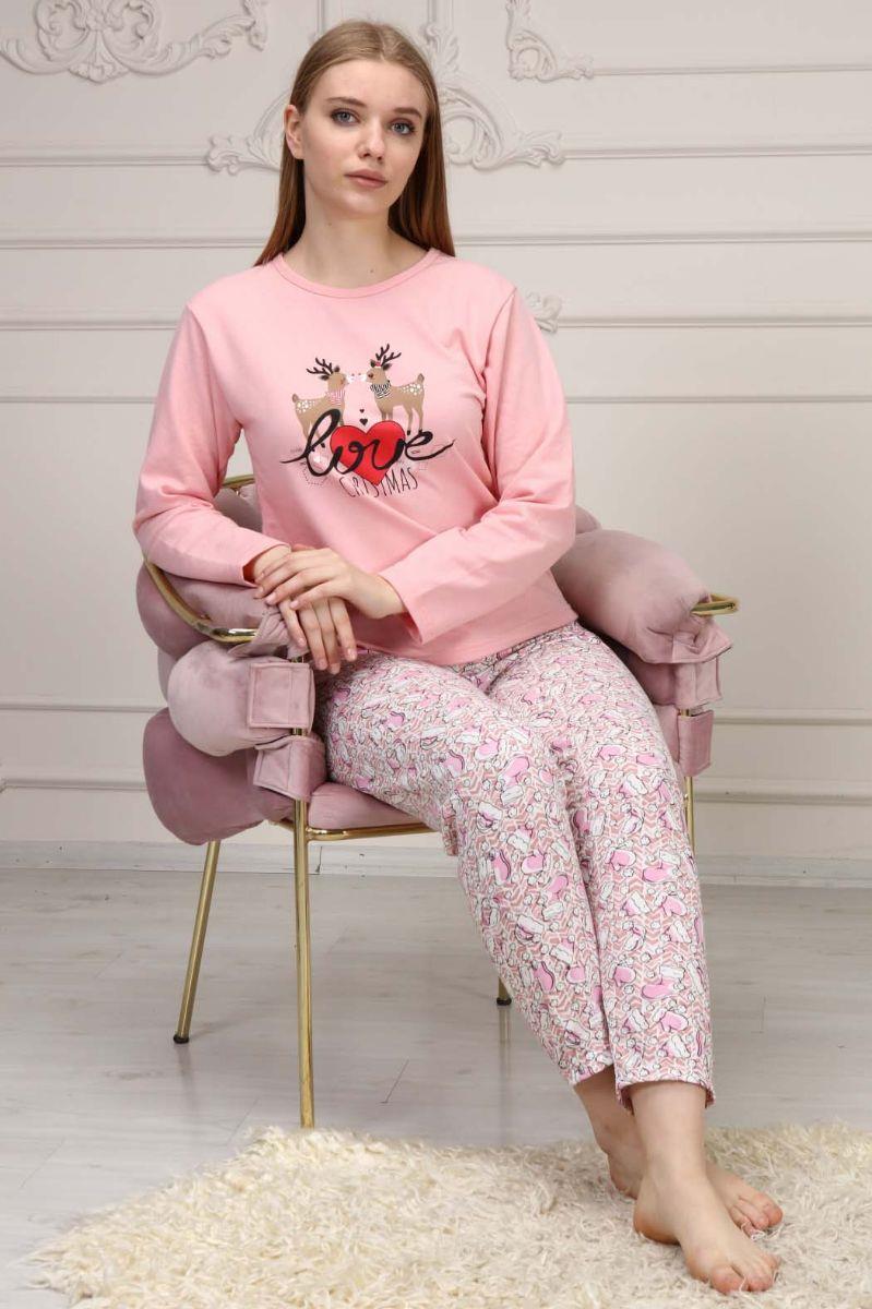 Pijama Takımı Kadın Geyik Baskılı Yılbaşı Konsepti Şardonlu Pijama Takımı Pembe