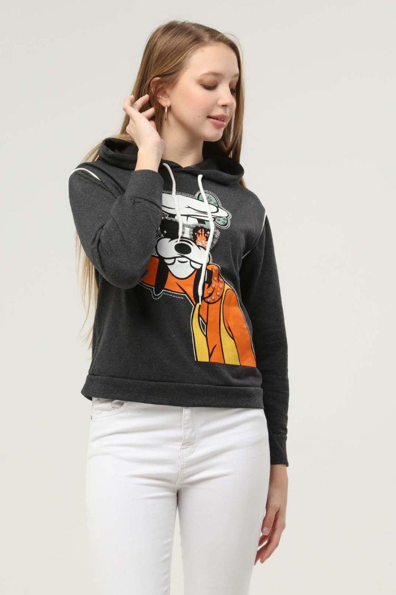 Sweatshirt Kadın Goofy Baskılı Inci Işlemeli Kapüşonlu Sweatshirt Antrasit