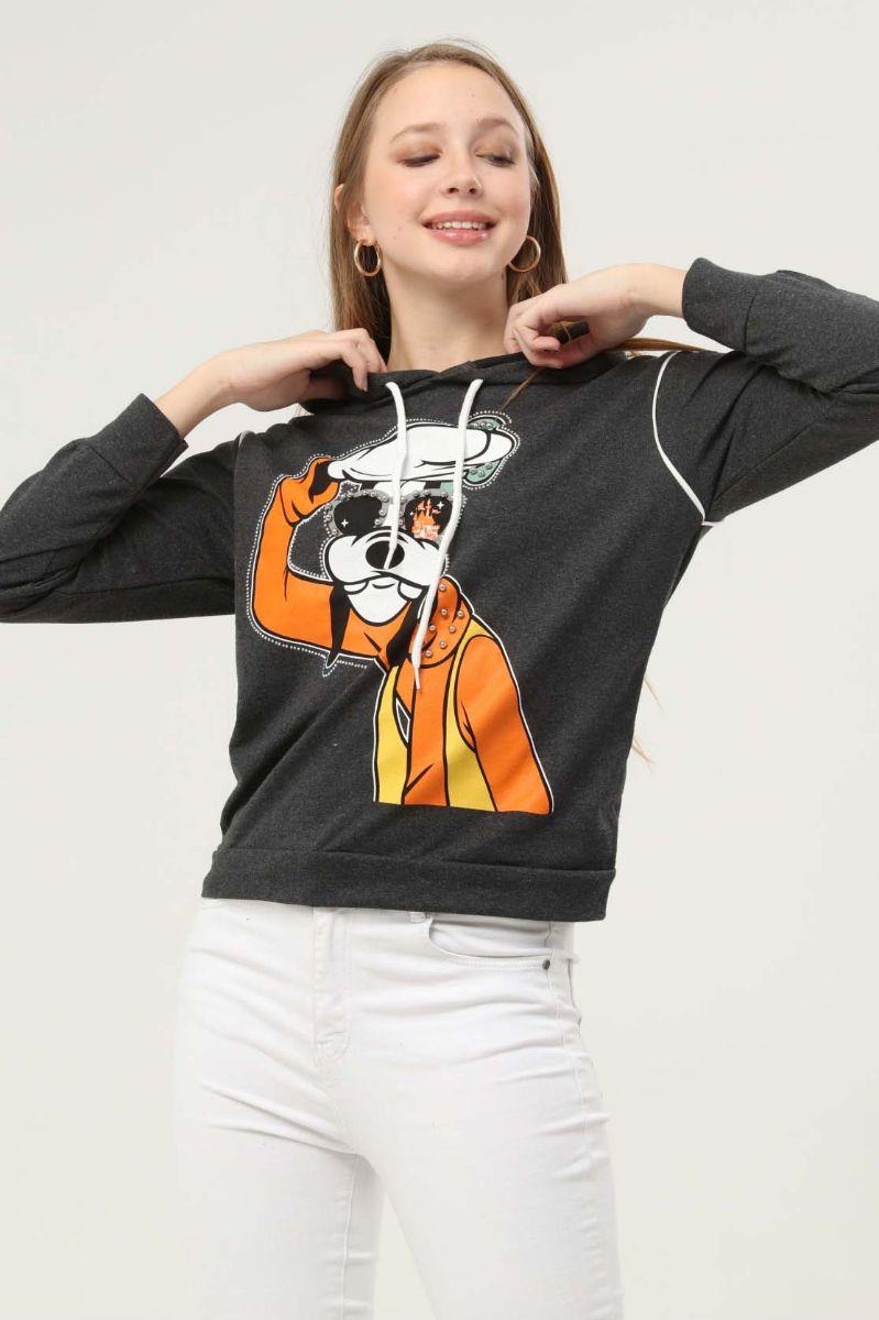 Sweatshirt Kadın Goofy Baskılı Inci Işlemeli Kapüşonlu Sweatshirt Antrasit