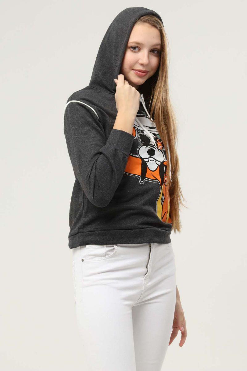 Sweatshirt Kadın Goofy Baskılı Inci Işlemeli Kapüşonlu Sweatshirt Antrasit