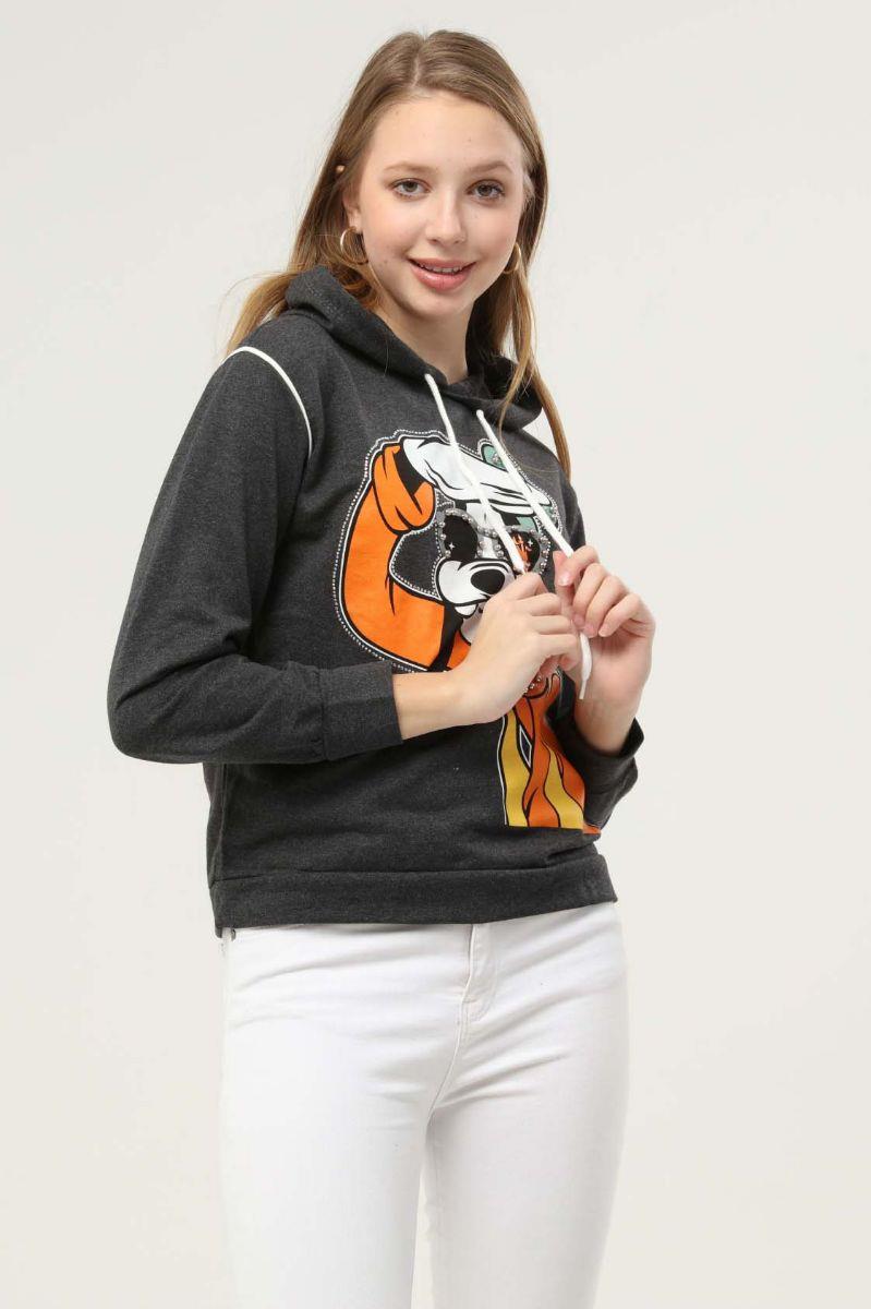 Sweatshirt Kadın Goofy Baskılı Inci Işlemeli Kapüşonlu Sweatshirt Antrasit