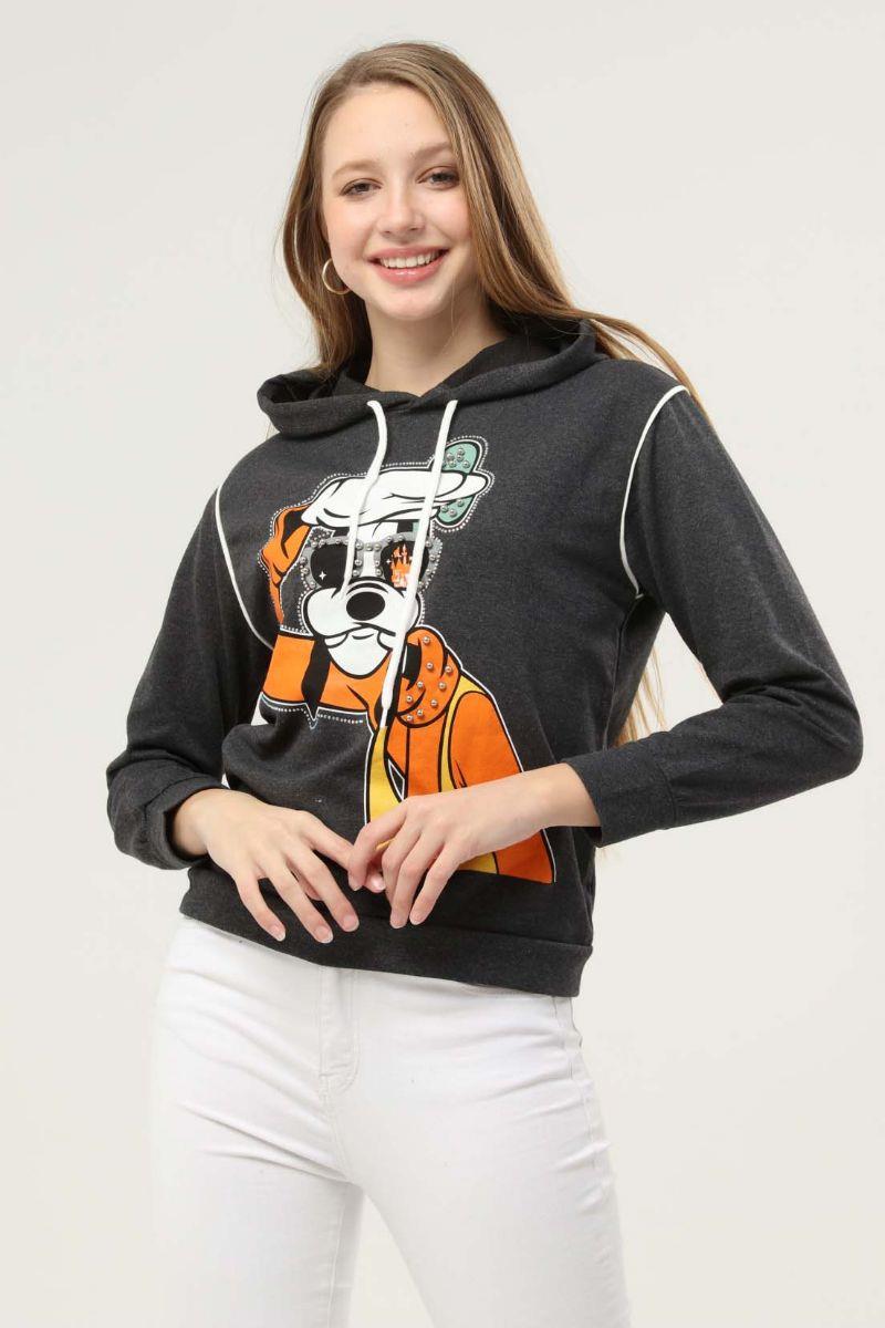 Sweatshirt Kadın Goofy Baskılı Inci Işlemeli Kapüşonlu Sweatshirt Antrasit