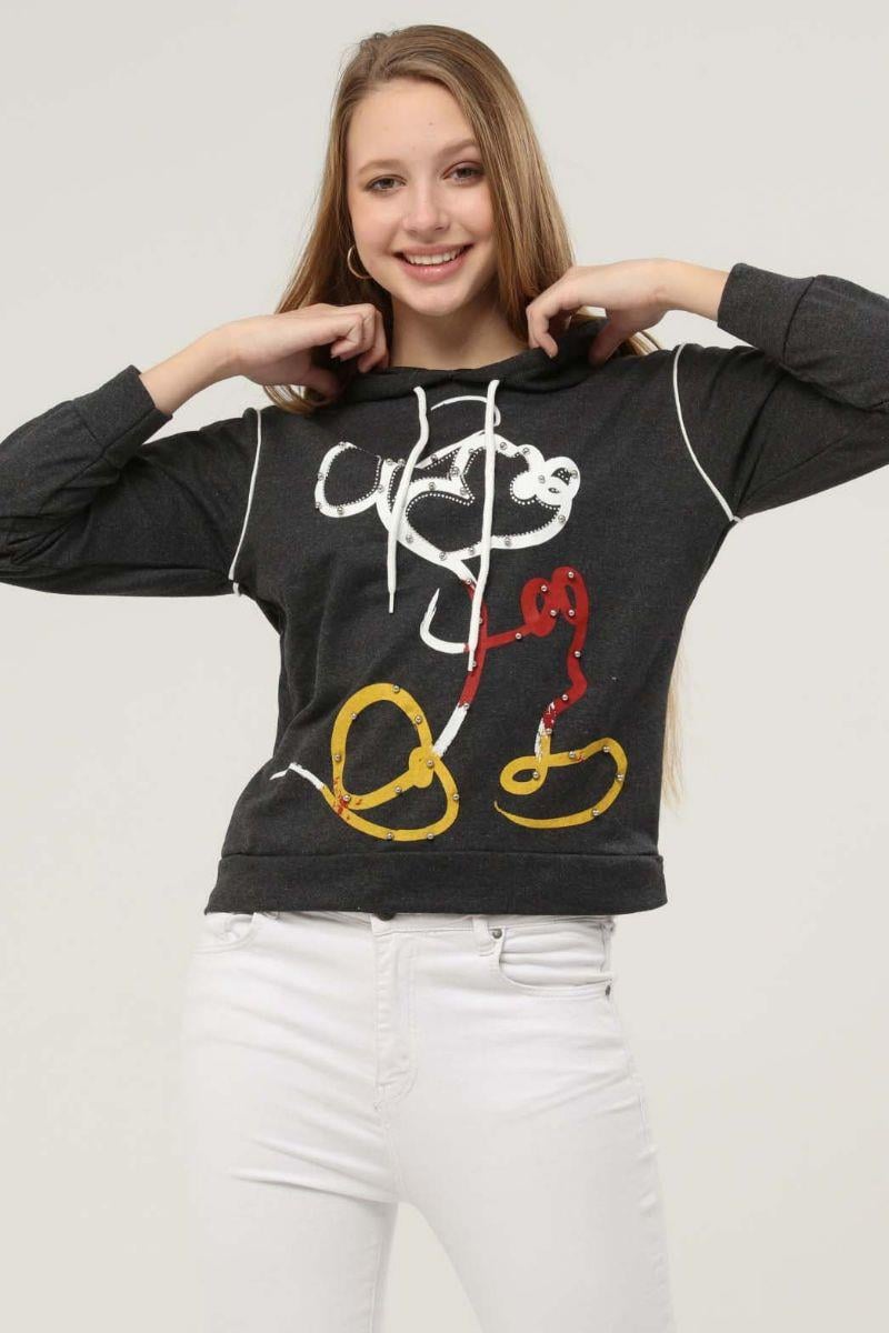 Sweatshirt Kadın Jerry Baskılı Inci Işlemeli Kapüşonlu Sweatshirt Antrasit