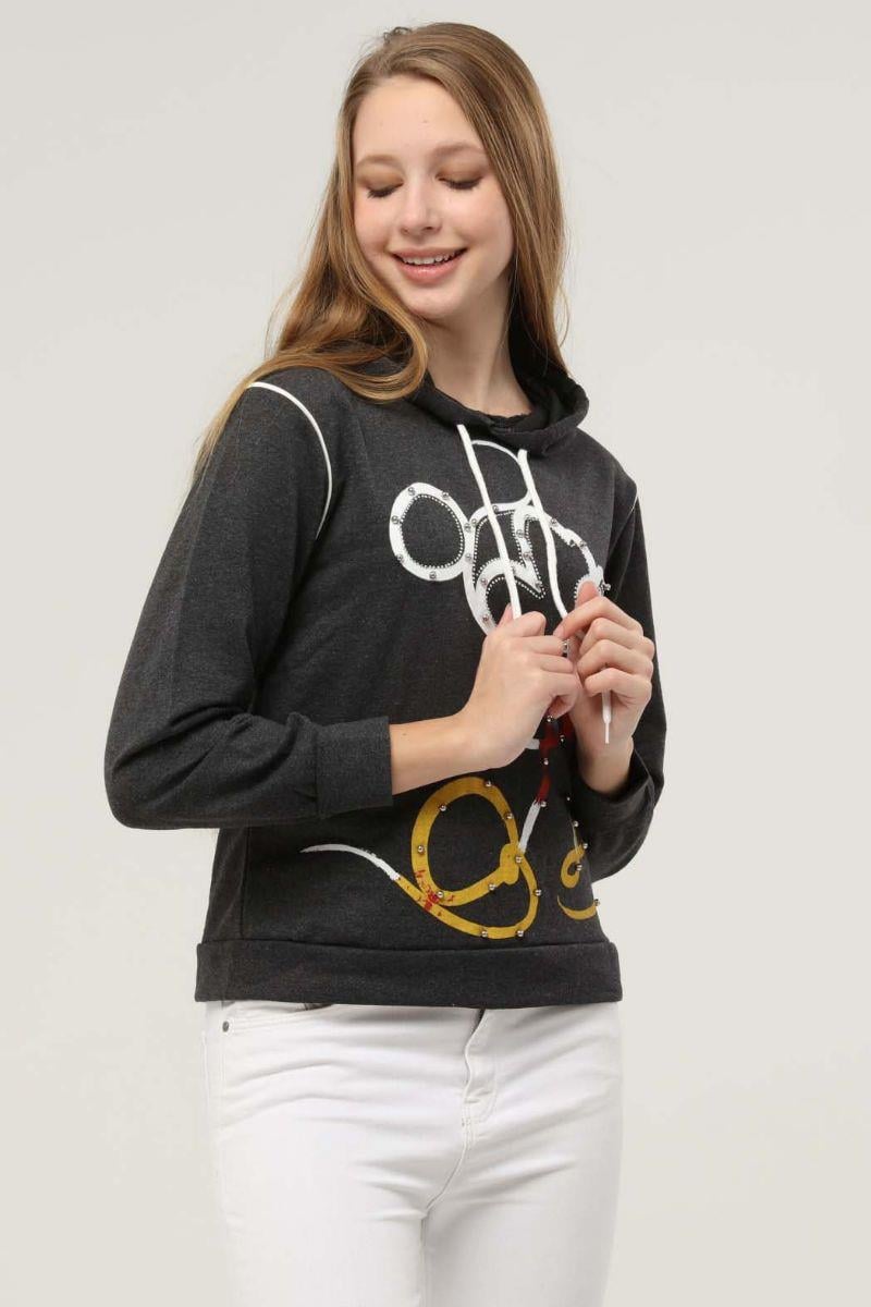 Sweatshirt Kadın Jerry Baskılı Inci Işlemeli Kapüşonlu Sweatshirt Antrasit