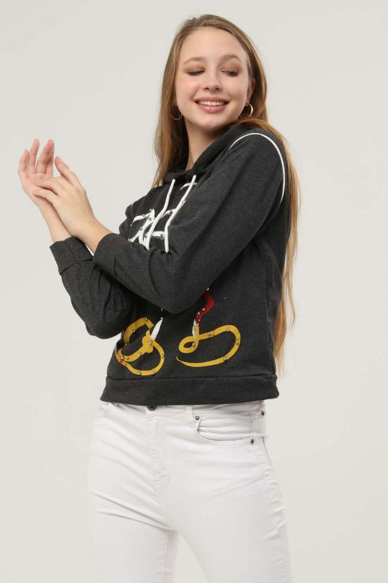 Sweatshirt Kadın Jerry Baskılı Inci Işlemeli Kapüşonlu Sweatshirt Antrasit