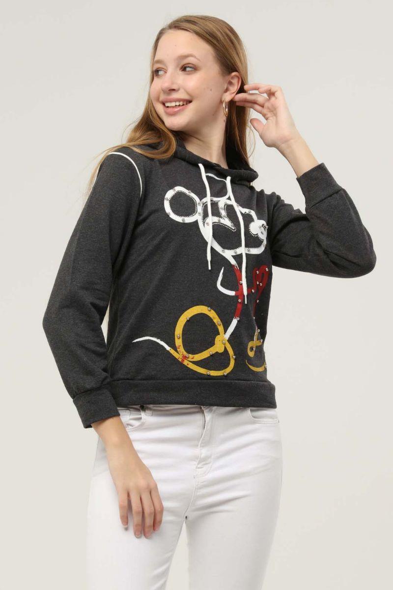 Sweatshirt Kadın Jerry Baskılı Inci Işlemeli Kapüşonlu Sweatshirt Antrasit