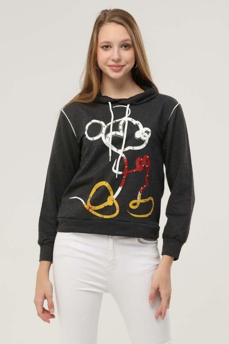 Sweatshirt Kadın Jerry Baskılı Inci Işlemeli Kapüşonlu Sweatshirt Antrasit