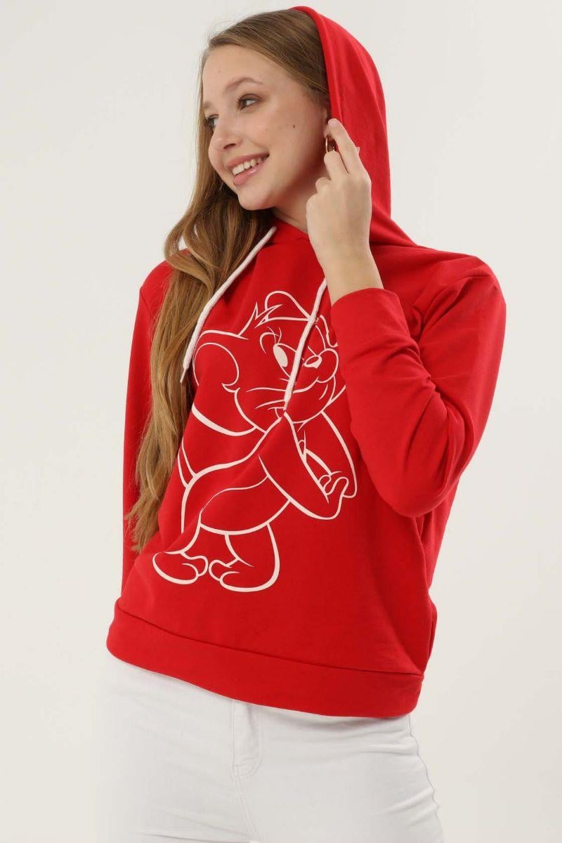 Sweatshirt Kadın Jerry Baskılı Kapüşonlu Sweatshirt Kırmızı