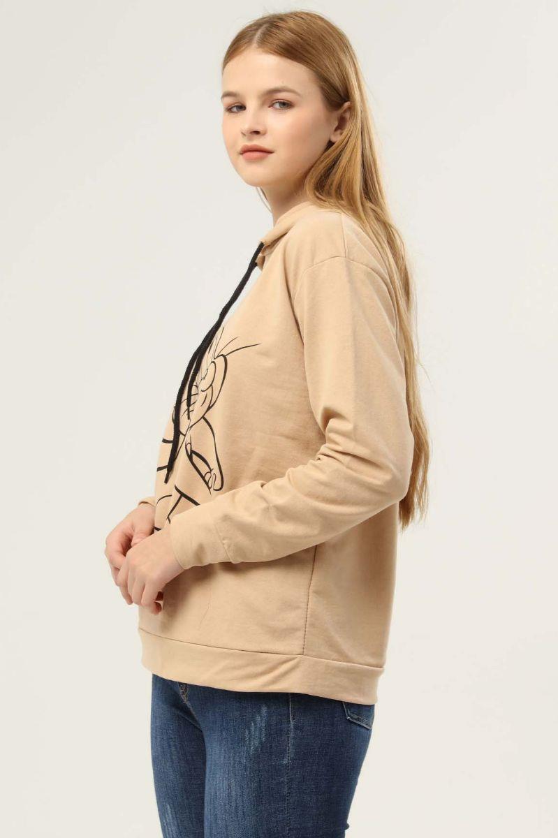 Sweatshirt Kadın Jerry Baskılı Kapüşonlu Sweatshirt Bej