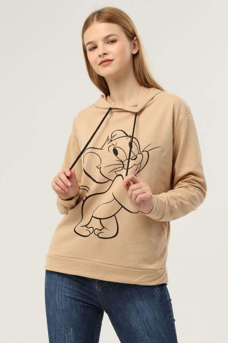 Sweatshirt Kadın Jerry Baskılı Kapüşonlu Sweatshirt Bej
