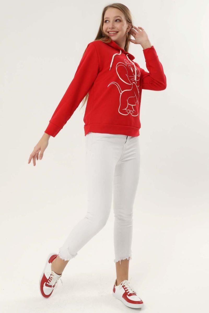 Sweatshirt Kadın Jerry Baskılı Kapüşonlu Sweatshirt Kırmızı
