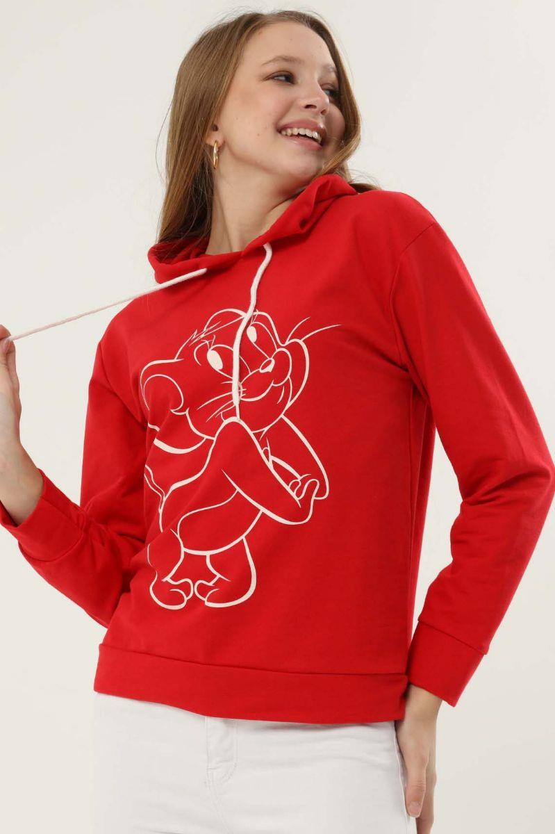 Sweatshirt Kadın Jerry Baskılı Kapüşonlu Sweatshirt Kırmızı