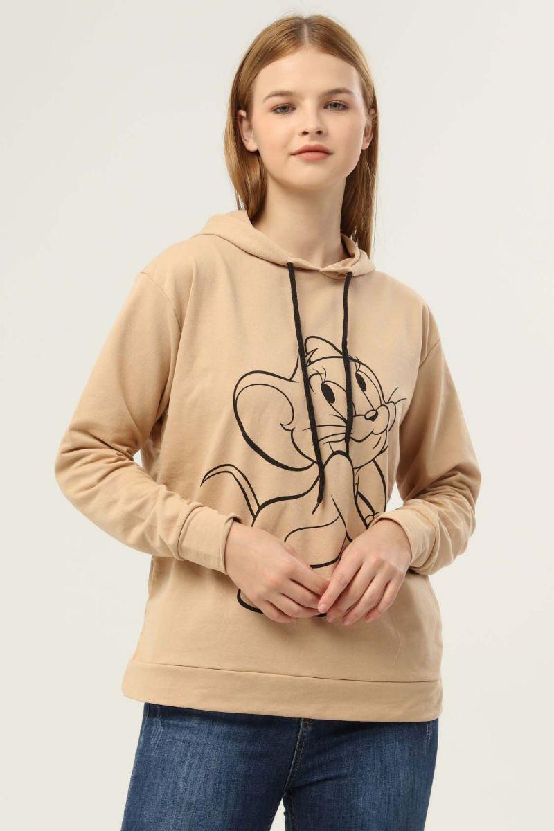 Sweatshirt Kadın Jerry Baskılı Kapüşonlu Sweatshirt Bej