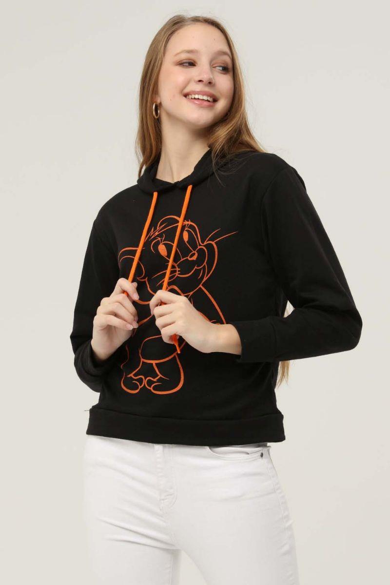 Sweatshirt Kadın Jerry Baskılı Kapüşonlu Sweatshirt Siyah