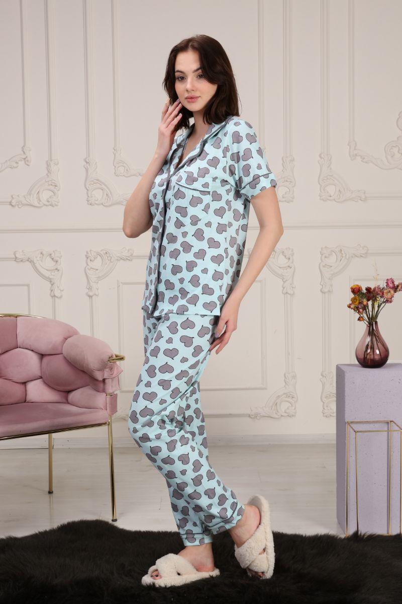 Pijama Takımı Kadın Kalp Baskılı Cepli Maskülen Yaka Pijama Takımı Turkuaz